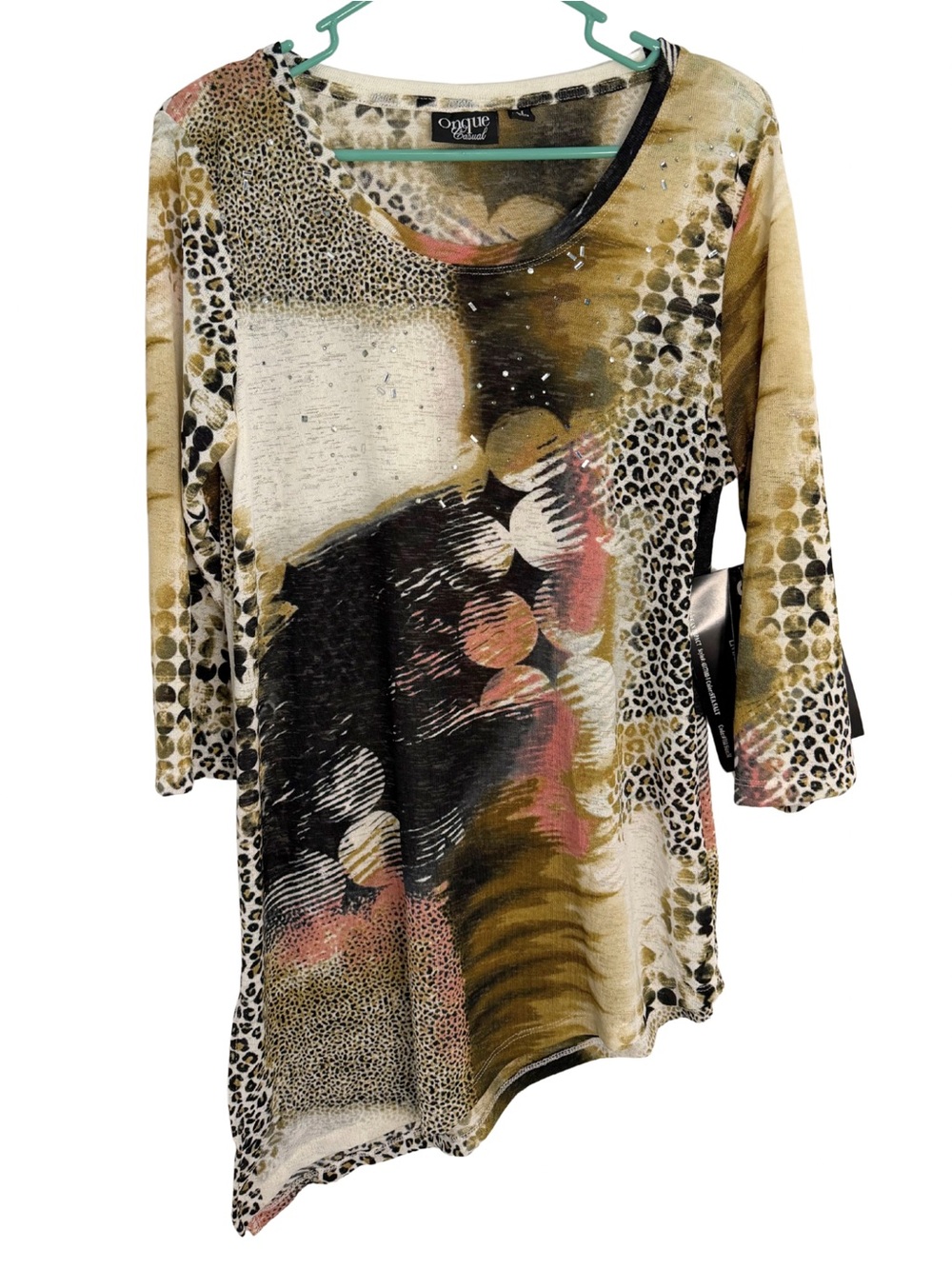 3/$20 Onque Casuals Multi-Print 3/4 Sleeve Asymmetrical Tunic